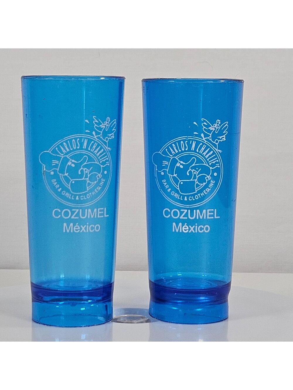 Set of 2 Carlos’n Charlie’s Cozumel Mexico Blue Shooter Shot Glass 4” Tall